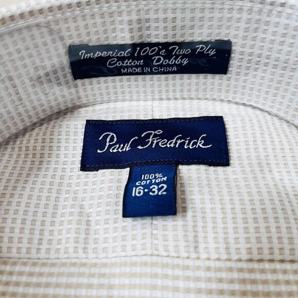 Paul Fredrick Dress Shirt 16-32 Tan Plaid Imperial 100’s 2 Ply Cotton Dobby - Picture 3 of 5
